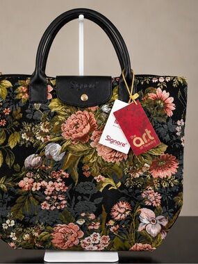 Cottagecore Botanical Signare Peony Tapestry Fold Away Shopping Tote Bag NWT